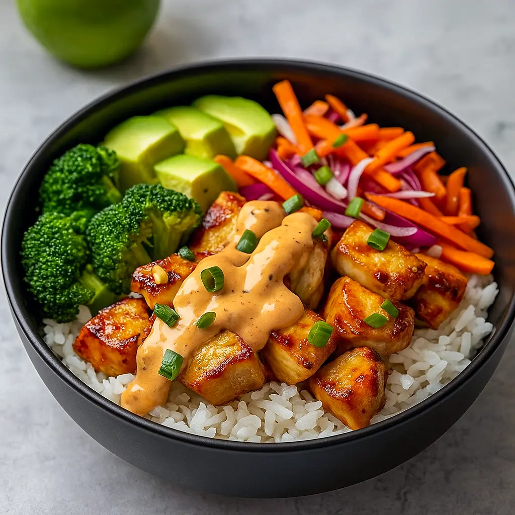 Bowl of diced bang bang chicken with mixed vegetables and rice, drizzled with creamy spicy sauce and topped with green onions and sesame seeds.
