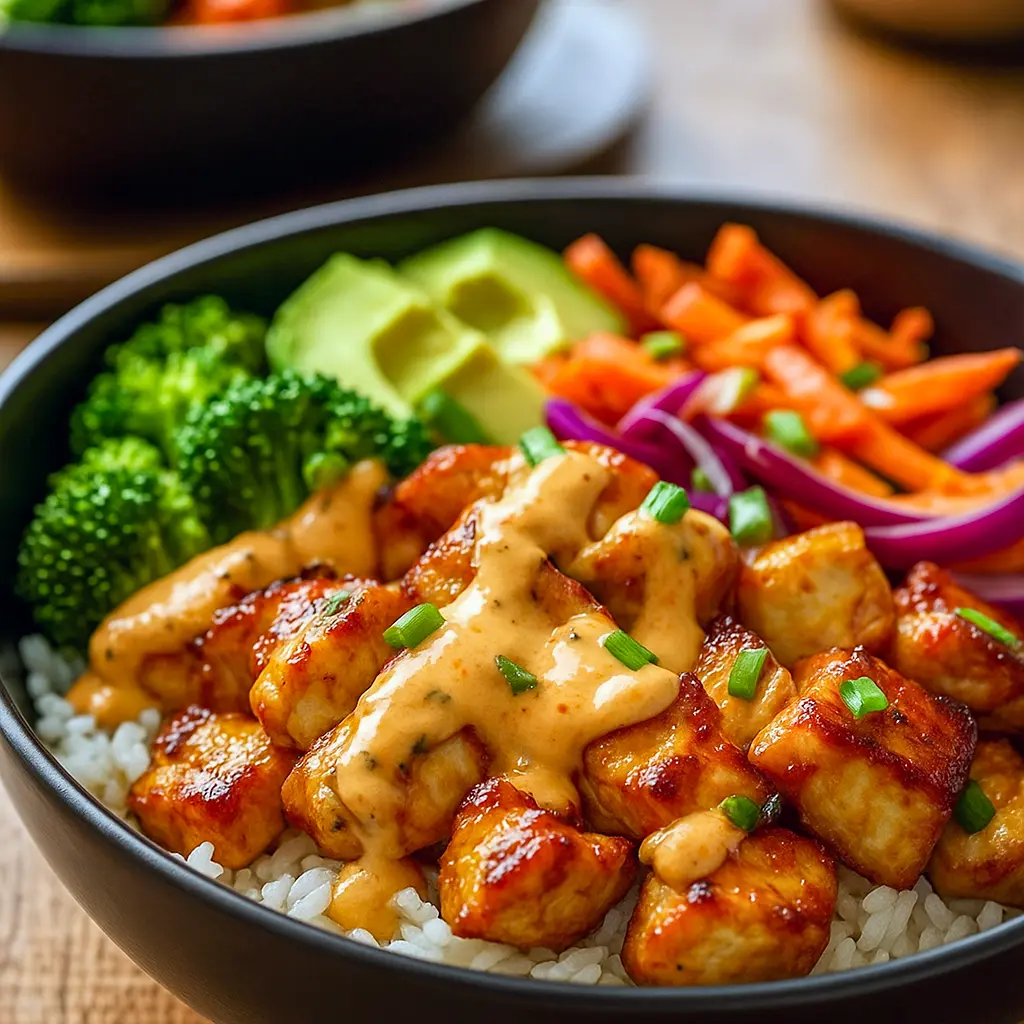 Bowl of diced bang bang chicken with mixed vegetables and rice, drizzled with creamy spicy sauce and topped with green onions and sesame seeds.