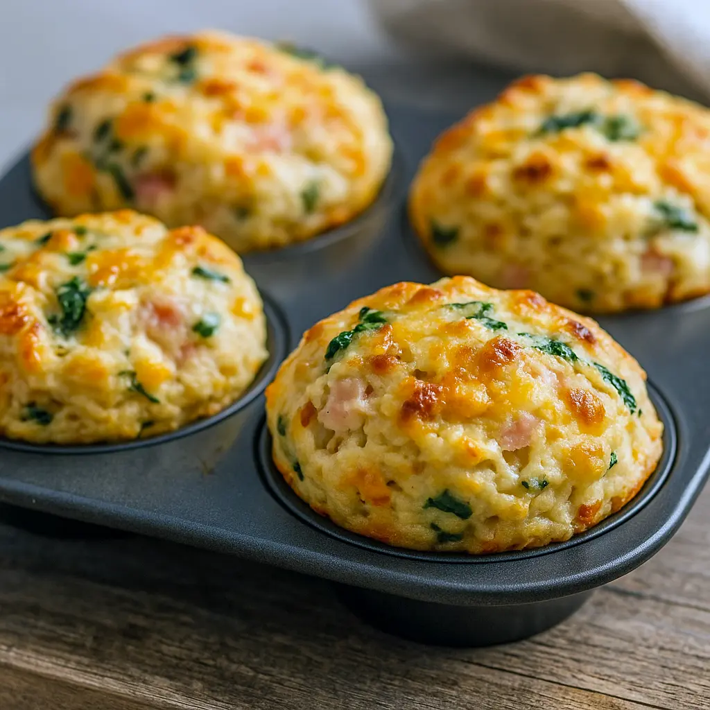 Stack of golden protein biscuits with melted cheese and ham pieces, garnished with chopped chives on a wooden board.
