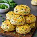 Stack of golden protein biscuits with melted cheese and ham pieces, garnished with chopped chives on a wooden board.