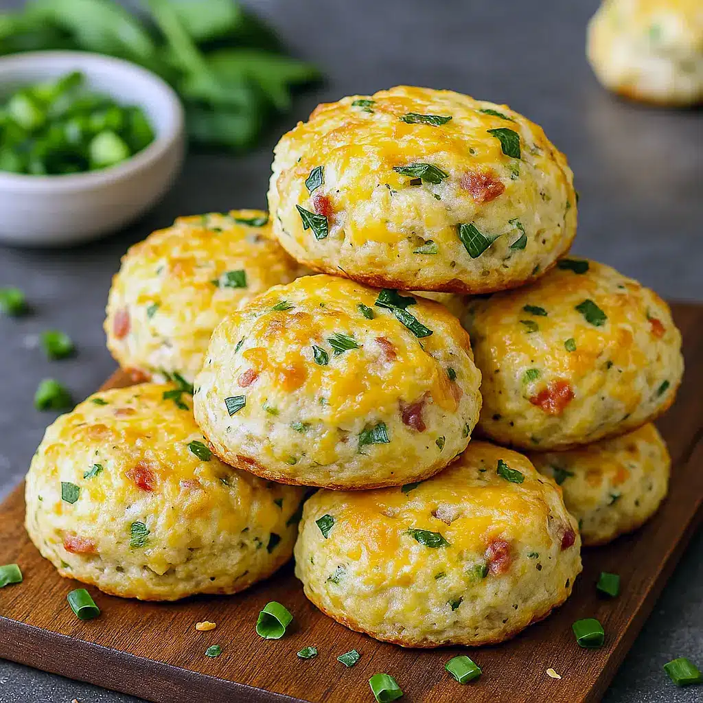 Stack of golden protein biscuits with melted cheese and ham pieces, garnished with chopped chives on a wooden board.