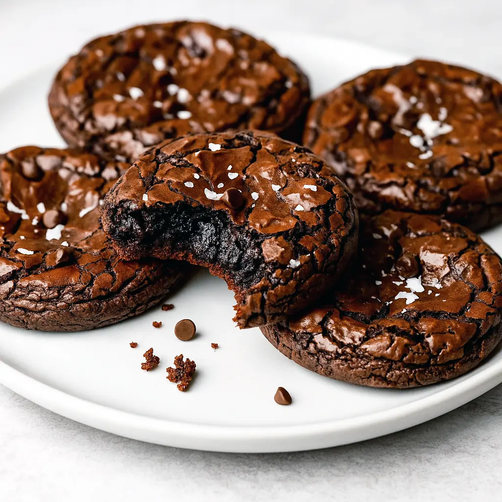 Stack of fudgy, chewy brookies — a mix between brownies and cookies — styled as Chocolate Brownie Cookies, perfect as a Homemade Brownie Cookies Dessert or fun Easy Baking Recipes Desserts idea.