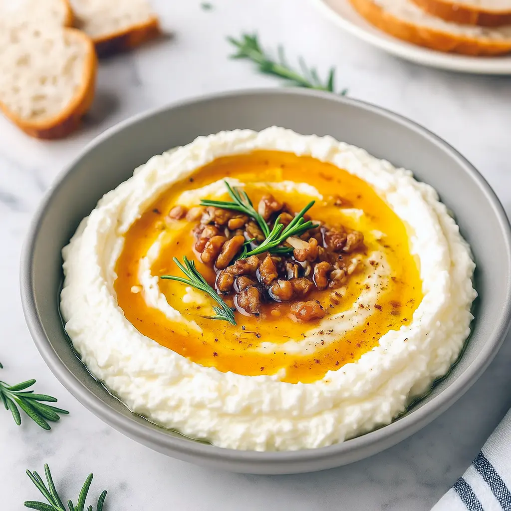 Creamy ricotta dip topped with hot honey drizzle, fresh rosemary, and chopped walnuts served with bread and crackers — a perfect choice for Cold Appetizers Recipes, Apps And Snacks, and elegant Crostini Dip Recipes.