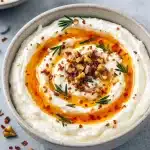 Creamy ricotta dip topped with hot honey drizzle, fresh rosemary, and chopped walnuts served with bread and crackers — a perfect choice for Cold Appetizers Recipes, Apps And Snacks, and elegant Crostini Dip Recipes.