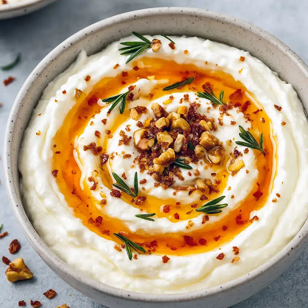 Creamy ricotta dip topped with hot honey drizzle, fresh rosemary, and chopped walnuts served with bread and crackers — a perfect choice for Cold Appetizers Recipes, Apps And Snacks, and elegant Crostini Dip Recipes.