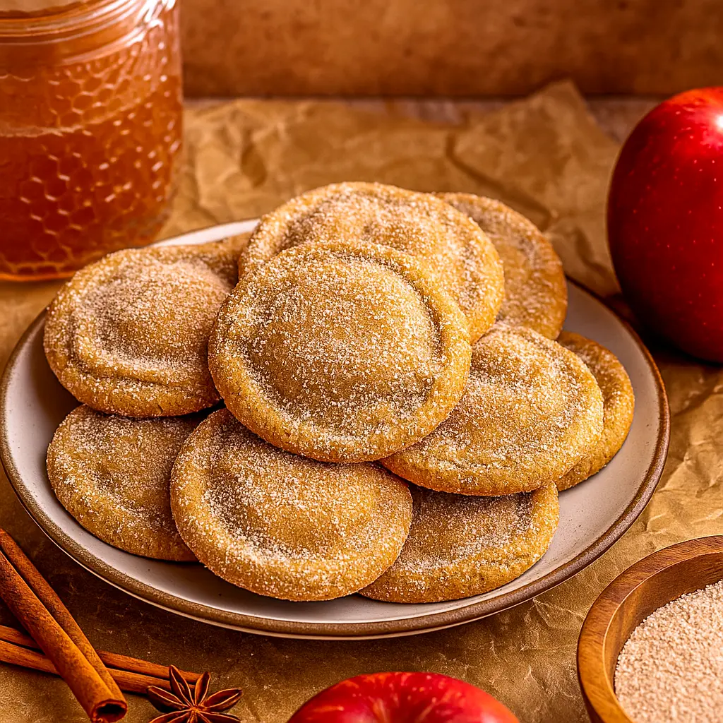 Close-up of soft, chewy Apple Cider Cheesecake Cookies with a creamy cheesecake center, topped with spiced sugar, perfect Autumn Themed Treats for Fall Festive Food and Fall Flavor Desserts.