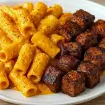 Cajun Steak Tips Meal with rigatoni pasta in creamy Parmesan sauce, perfect for Cheesy Supper Ideas, Out Of The Norm Dinner Ideas, and hearty Manly Meals Dinners for cozy nights.