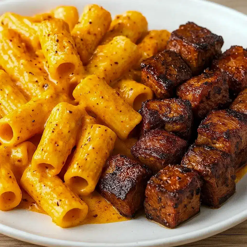 Cajun Steak Tips Meal with rigatoni pasta in creamy Parmesan sauce, perfect for Cheesy Supper Ideas, Out Of The Norm Dinner Ideas, and hearty Manly Meals Dinners for cozy nights.