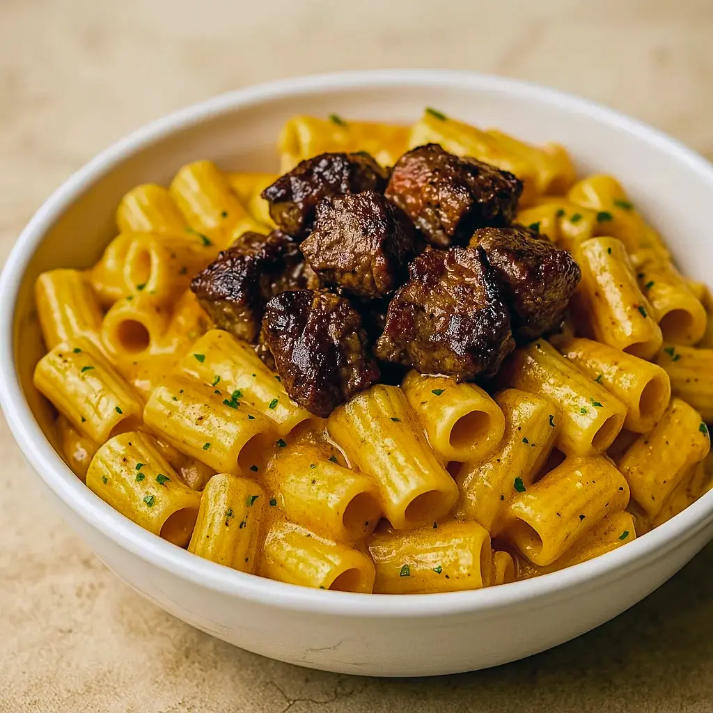 Cajun Steak Tips Meal with rigatoni pasta in creamy Parmesan sauce, perfect for Cheesy Supper Ideas, Out Of The Norm Dinner Ideas, and hearty Manly Meals Dinners for cozy nights.