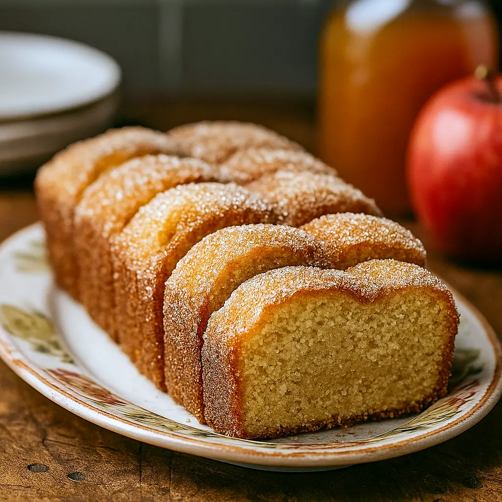 A golden Cinnamon Sugar Loaf topped with a crunchy cinnamon sugar crust, inspired by classic Apple Cider Donuts. This Spiced Apple Cider Donut Loaf With Cinnamon Sugar Crust is baked in a loaf pan, resembling a rustic Cinnamon Pull-apart Bread In Loaf Pan, and makes the perfect Quick Fall Desserts recipe—just as cozy as Pumpkin Spice Muffins.