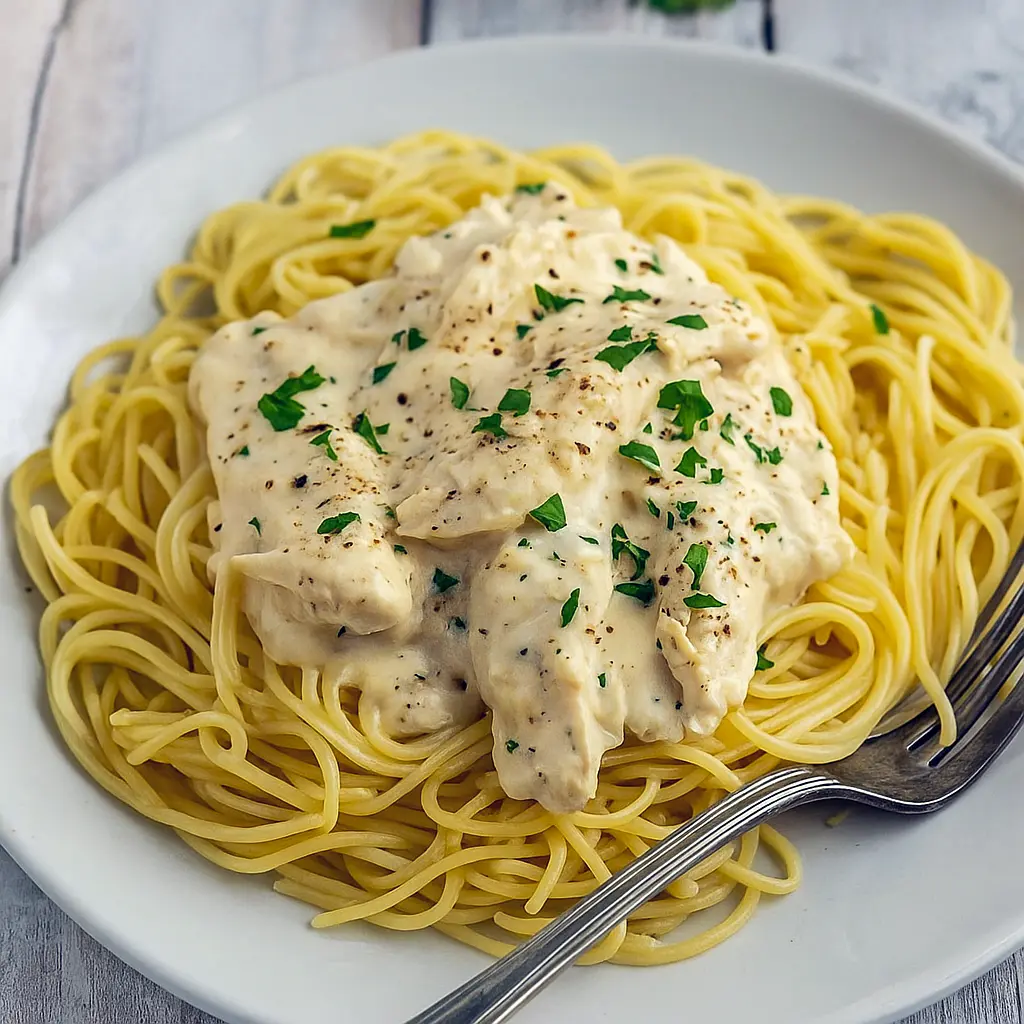 A comforting bowl of creamy crock pot chicken served over pasta, perfect for family dinners, inspired by Chunky Chef Recipes and ideal for Easy Crockpot Dinners For A Crowd, Crockpot Recipes With Chicken Tenderloins, and other cozy slow cooker favorites.
