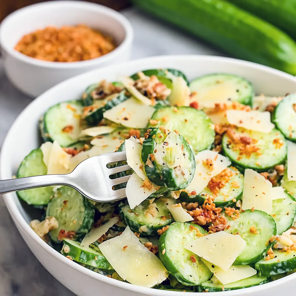 Fresh Cucumber Caesar Salad with Parmesan, bacon, and toasted breadcrumbs, perfect for Healthy Side Dishes For Lunch, Filling Summer Salads, and Cucumber Ideas Snack. A Fancy Side Salad or Side Salad Dishes option, great Side Salad For Steak, Salad With Chips, and Cucumber Salad No Onion inspired by Caesar Salad Ideas.