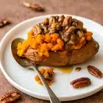 Holiday plate with golden Twice Baked Sweet Potatoes With Pecans, topped with a crunchy streusel, showcasing the perfect blend of Sweet Potato And Pecans for a cozy Pecan Pie Sweet Potato inspired Sweet Potato Side Dish.