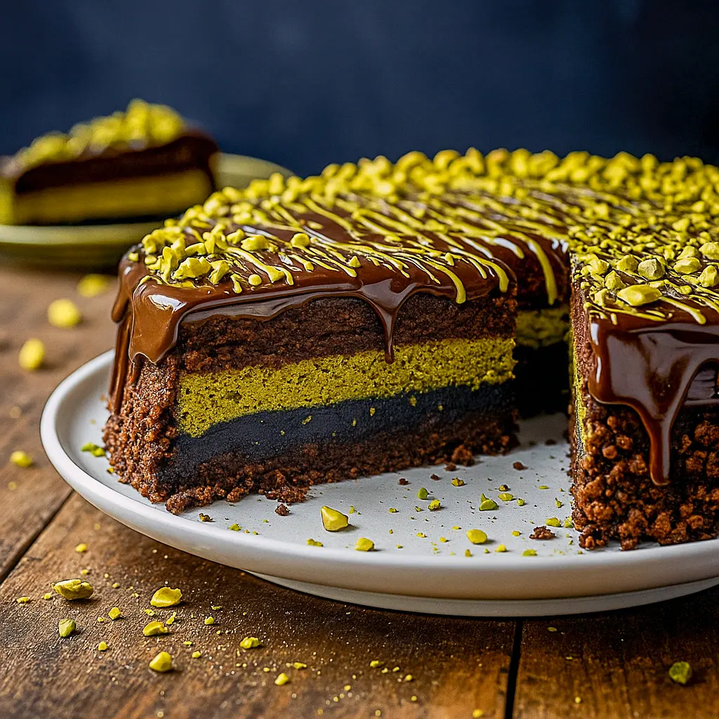 A stunning slice of Pistachio Chocolate Cake layered with crispy kataifi, creamy pistachio filling, and silky ganache, inspired by Dubai Recipes and Belgium Chocolate Cake traditions. This elegant Chocolate Dubai Cake is perfect for anyone who loves Outrageous Cakes, Decadent Cake Recipes, or wants to try New Dessert Ideas like a true Success Cake. A must-try Dubai Chocolate Dessert Recipe!