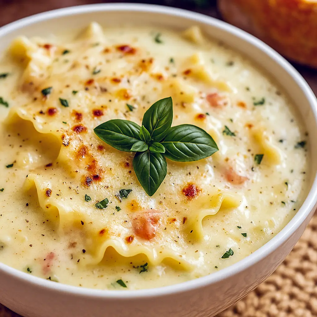 A bowl of Creamy White Lasagna Soup with noodles, sausage, spinach, and melted cheese, inspired by comforting Lasagna Noodle Soup Recipes and perfect for cozy nights or Dinner Ideas When You're Sick.